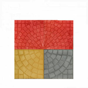 Dairesel hareketleri andıran desenlere sahip kırmızı ve gri renkli tretuvar karoları.