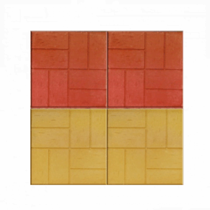 Gerçekçi tuğla örgü desenlerine sahip kırmızı ve sarı renkli tretuvar karoları.