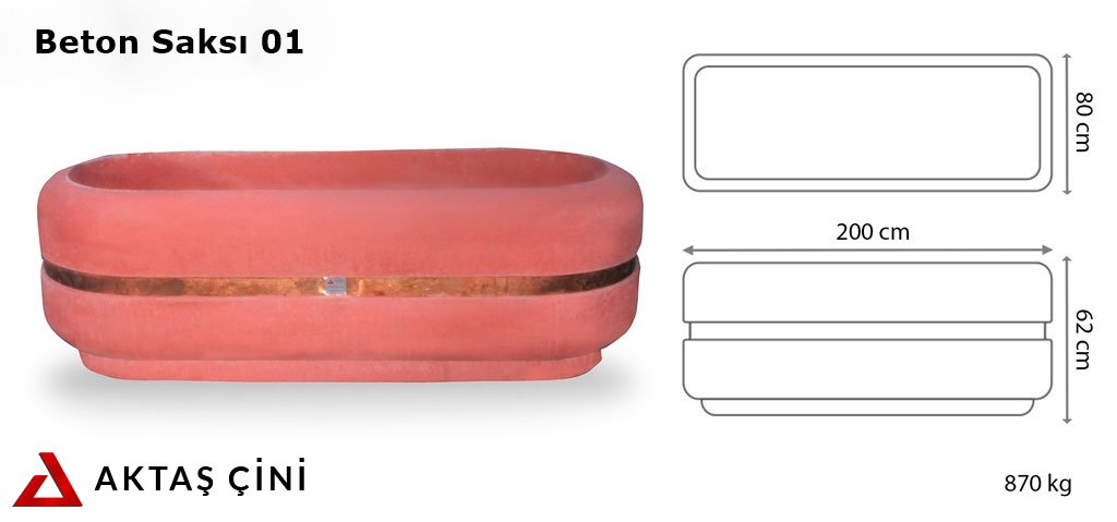 200x80x62 cm boyutlarında, canlı kırmızı renkte beton malzemeden yapılmış, oval formunda modern bir dış mekan saksısı. Saksının orta kısmında parlak, bronz renkli bir kuşak detayı bulunmaktadır. Saksı boş olup, iç kısmı doğal beton rengindedir. Ürün, dış mekan peyzaj ve güvenlik uygulamaları için uygundur.