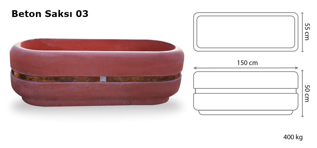 150x50x55 cm boyutlarında, canlı kırmızı renkte beton malzemeden yapılmış, oval formunda modern bir dış mekan saksısı. Saksının orta kısmında parlak, bronz renkli bir kuşak detayı bulunmaktadır. Saksı boş olup, iç kısmı doğal beton rengindedir. Ürün, dış mekan peyzaj ve güvenlik uygulamaları için uygundur.