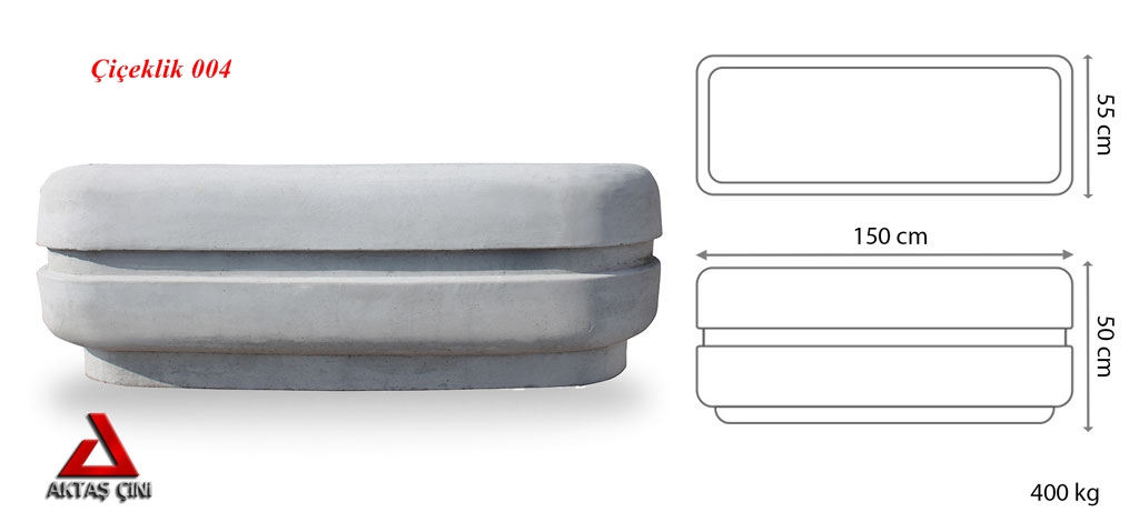 150x50x55 cm boyutlarında, doğal gri renkte mix beton malzemeden yapılmış, oval formunda modern bir dış mekan saksısı. Saksının ön yüzünde kırmızı "Aktaş" logosu bulunmaktadır. Saksı boş olup, iç kısmı doğal beton rengindedir. Saksı, koyu gri renkli taş döşeli zemin üzerinde durmakta olup, arka planda açık gri renkli blok taşlardan örülmüş bir duvar görünmektedir. Ürün, dış mekan peyzaj ve güvenlik uygulamaları için uygundur.