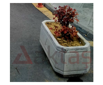 80x40x40 cm boyutlarında, doğal gri renkte beton malzemeden yapılmış, dikdörtgen formunda modern bir dış mekan saksısı. Saksının içinde kahverengi toprakta kırmızı yapraklı bir bitki bulunmaktadır. Saksı, asfalt yol kenarında, sarı boyalı bir kaldırım kenarına yakın konumlanmıştır. Saksının sol alt köşesinde kırmızı "Aktaş" logosu ve sağ tarafında şeffaf bir şekilde büyük "Aktaş" yazısı bulunmaktadır.