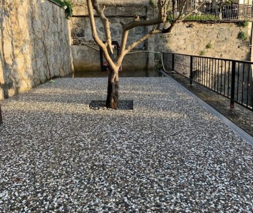 Wash beton karolarla kaplanmış, ortasında ağaç bulunan modern peyzaj zemin uygulaması. Gri ve beyaz doğal çakıl görünümlü karolar.