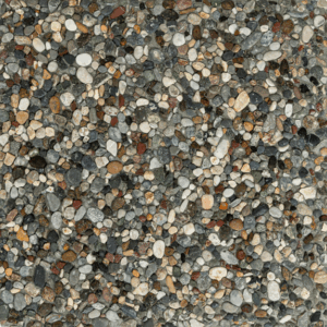 Koyu tonlarda, gri ve kahverengi çakılların baskın olduğu wash beton karonun detaylı yüzey dokusu.