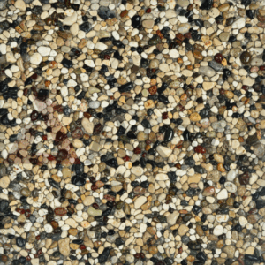 Bej, sarı ve beyaz doğal çakılların baskın olduğu Açık Çakıllı Wash Beton karonun yakın çekim yüzey dokusu.