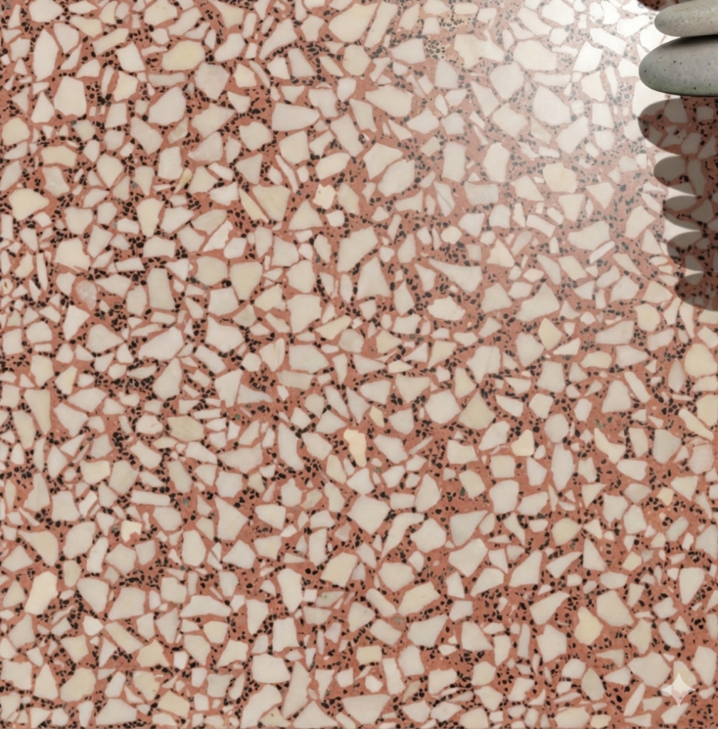 Kırmızı zeminli beyaz mermer taneli Terrazo Karo A-43 40x40 modeli.