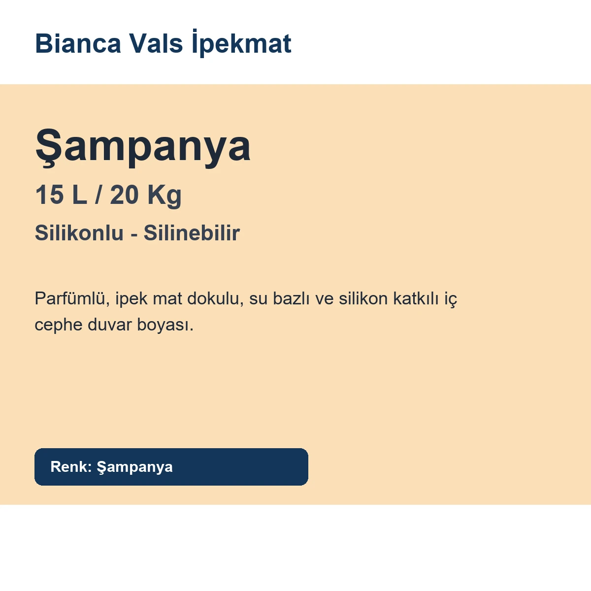 Bianca Vals İpekmat Silikonlu Silinebilir Duvar Boyası Parfümlü 15 L Şampanya