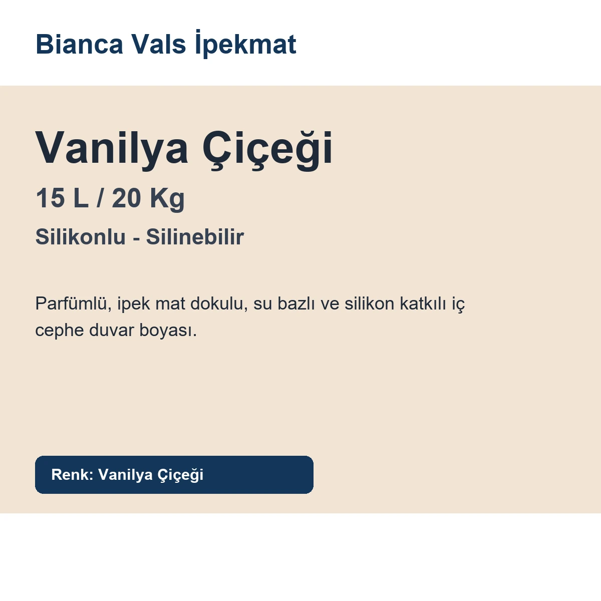 Bianca Vals İpekmat Silikonlu Silinebilir Duvar Boyası Parfümlü 15 L Vanilya Çiçeği