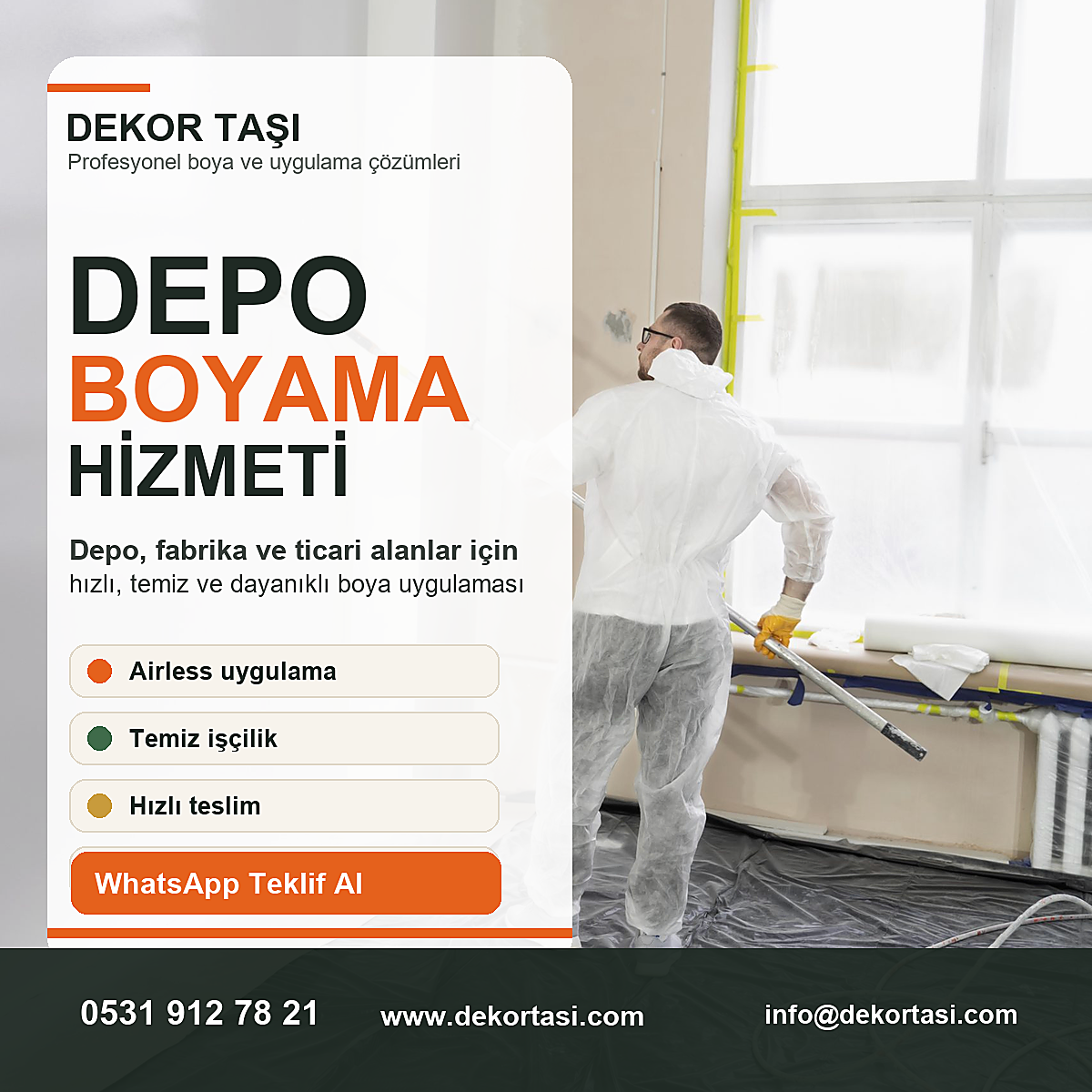 Depo boyama hizmeti profesyonel airless boya uygulaması Dekor Taşı
