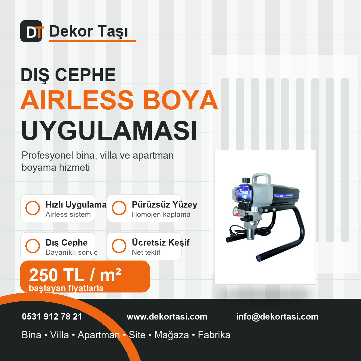 Dış cephe airless boya uygulaması bina villa apartman boyama Dekor Taşı