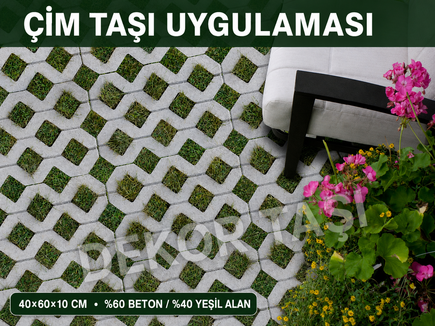 Çim taşı uygulaması vitrin görseli - 40x60x10 cm yeşil otopark zemini Çim taşı uygulaması vitrin görseli - 40x60x10 cm yeşil otopark zemini