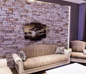TV ünitesi arkası doğal taş duvar kaplama uygulaması