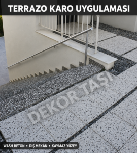 Terrazo karo uygulaması wash beton dış mekan kaymaz zemin kaplama vitrin görseli